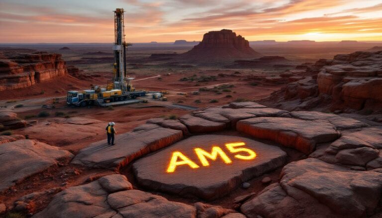 Antares Metals Ltd-AM5-Desert scene with AM5 glowing rocks.