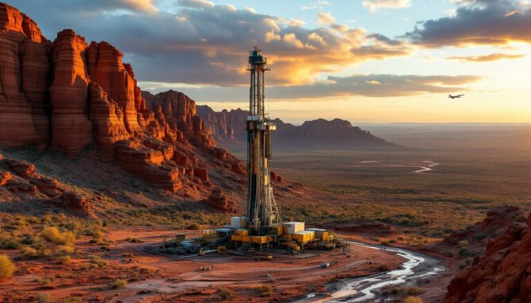 E79 Gold Mines Ltd-E79-Oil rig amid stunning desert landscape.