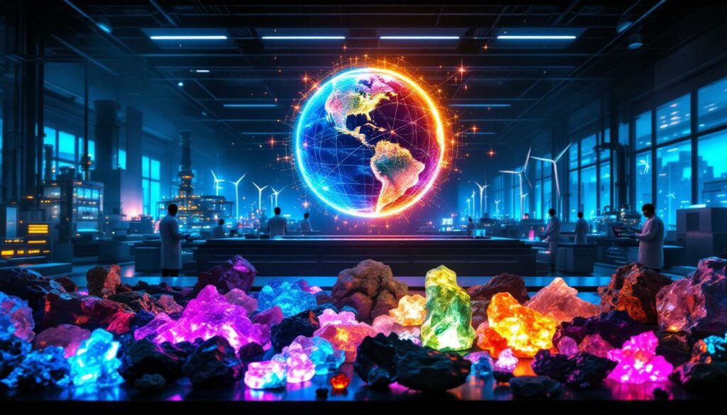 Glowing minerals symbolize rare earth market analysis.