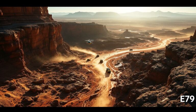 E79 Gold Mines Ltd-E79-Desert chase with cars and helicopter.