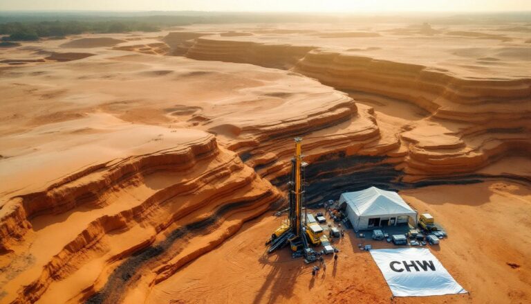Chilwa Minerals Ltd-CHW-Desert mining operation with drilling equipment.