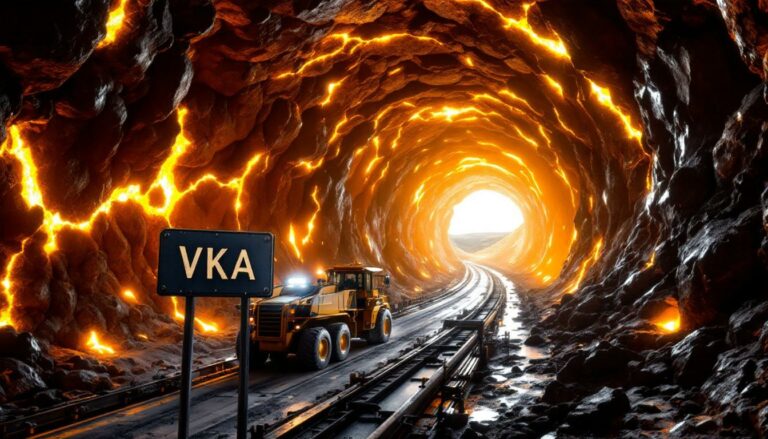 Viking Mines Ltd-VKA-VKA sign by glowing tunnel entrance.