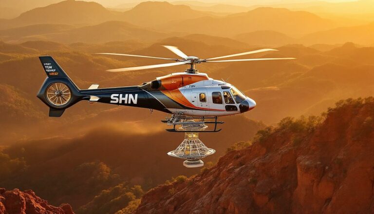 Sunshine Metals Ltd-SHN-Helicopter flying over mountainous sunset landscape.