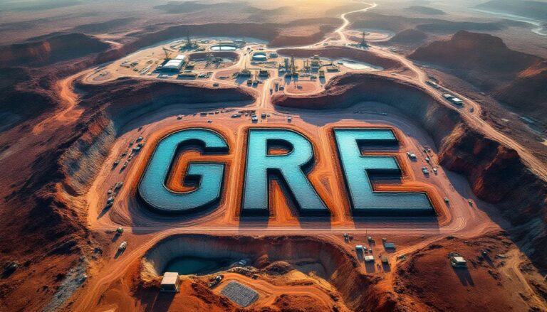 Greentech Metals Ltd-GRE-Gigantic GRE letters in desert landscape.