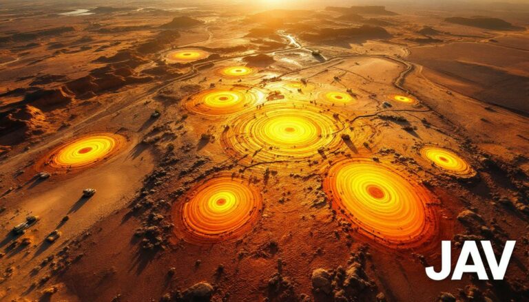 Javelin Minerals Ltd-JAV-Futuristic desert landscape with glowing circles.