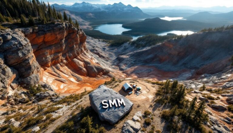 Somerset Minerals Ltd-SMM-Scenic landscape with large "SMM" rock.