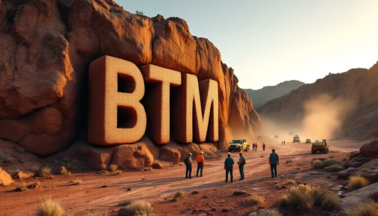 Breakthrough Minerals Ltd-BTM-BTM letters carved into desert cliffs.