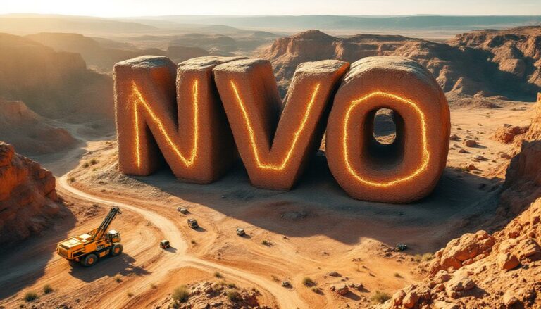 Novo Resources Corp Chess Depositary Interests 1:1-NVO-NVO letters as massive glowing rocks.