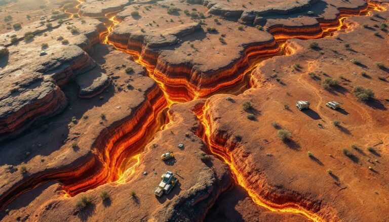 Taruga Minerals Ltd-TAR-Erosion reveals glowing lava beneath desert.