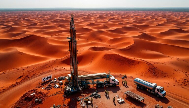 Chilwa Minerals Ltd-CHW-Desert drilling operation with red dunes.