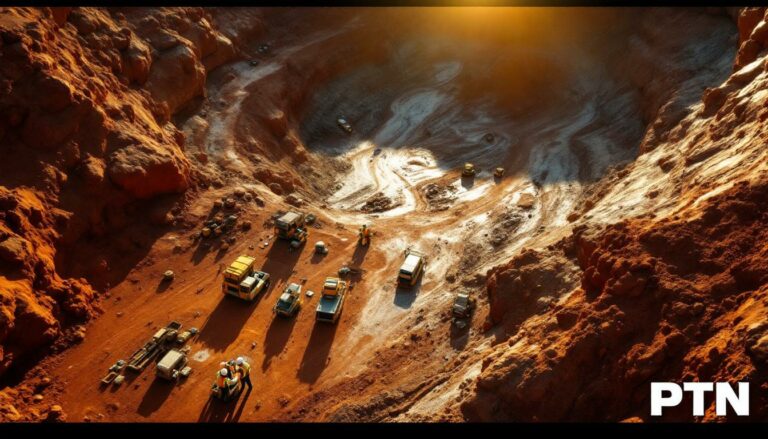 Patronus Resources Ltd-PTN-Iron ore mine at sunset, aerial view.