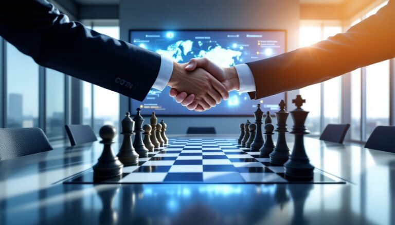 Patronus Resources Ltd-PTN-Business strategy handshake over chessboard.