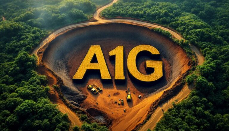 African Gold Ltd-A1G-A1G letters in forest clearing.
