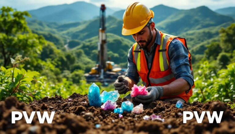 PVW Resources Ltd-PVW-PVW miner examines colorful crystals outdoors.