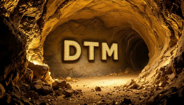 Dart Mining NL-DTM-DTM letters in a glowing cave.