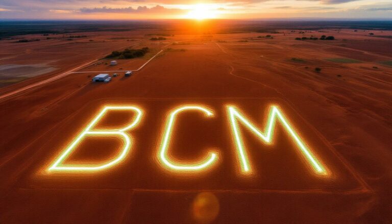Brazilian Critical Minerals Ltd-BCM-BCM letters glowing on sunset field.