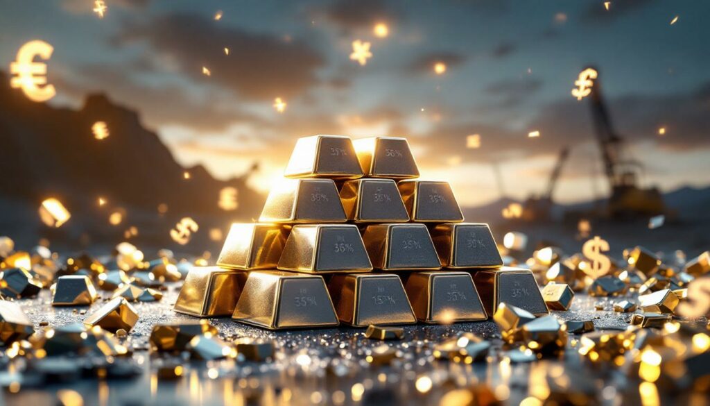 Stacked gold bars with currency symbols.