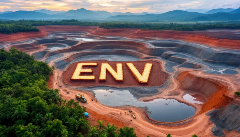 Enova Mining Ltd-ENV-ENV letters on terraced landscape at sunset.
