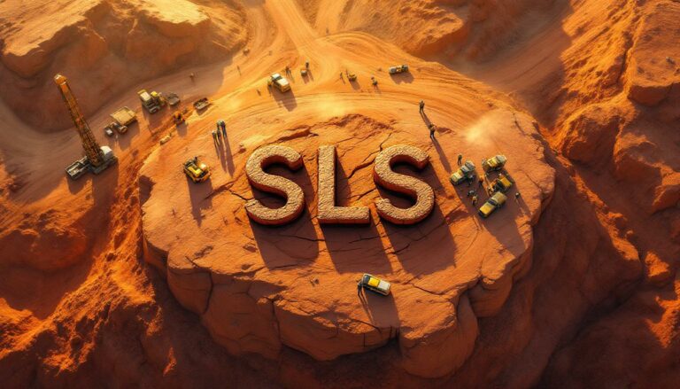 Solstice Minerals Ltd-SLS-SLS letters on desert cliff landscape.
