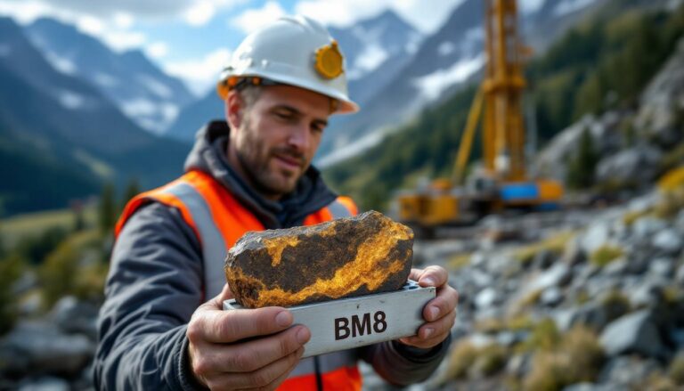 Battery Age Minerals Ltd-BM8-Mining: Worker examining a rock sample.