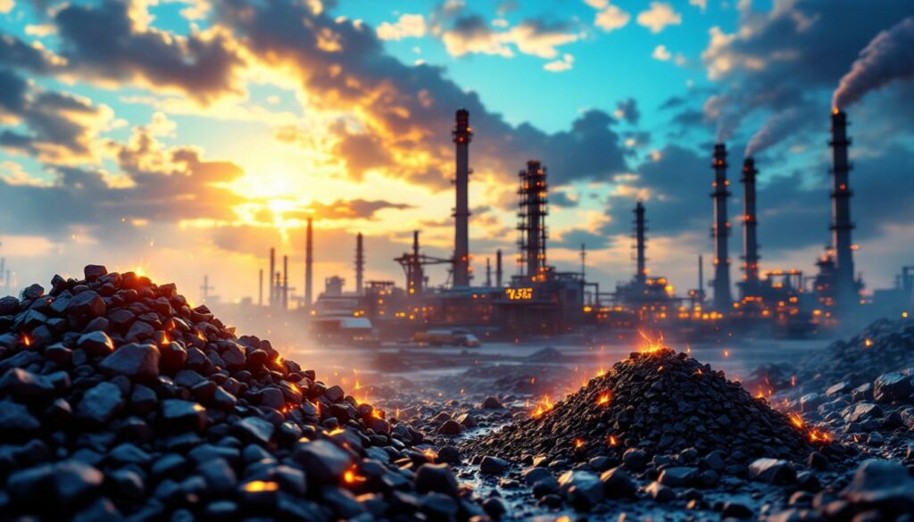 Industrial landscape with coal piles at sunset.