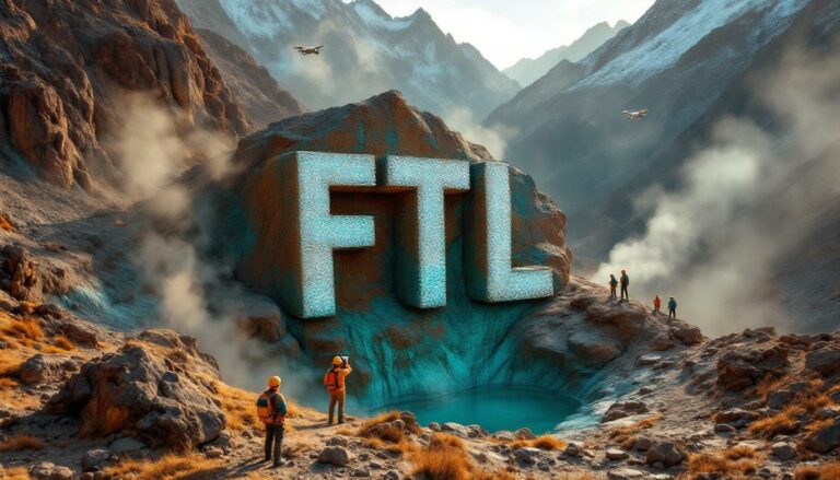 Firetail Resources Ltd-FTL-Drones explore mountainous "FTL" rock formation.