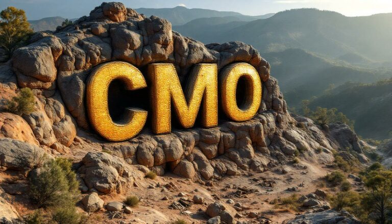 Cosmo Metals Ltd-CMO-Golden CMO letters on rocky mountain.