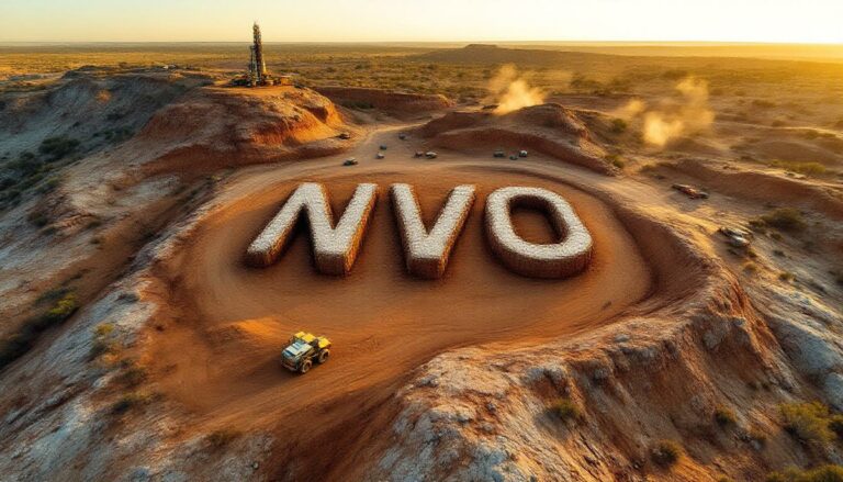 Novo Resources Corp Chess Depositary Interests 1:1-NVO-NVO carved into desert landscape at sunrise.
