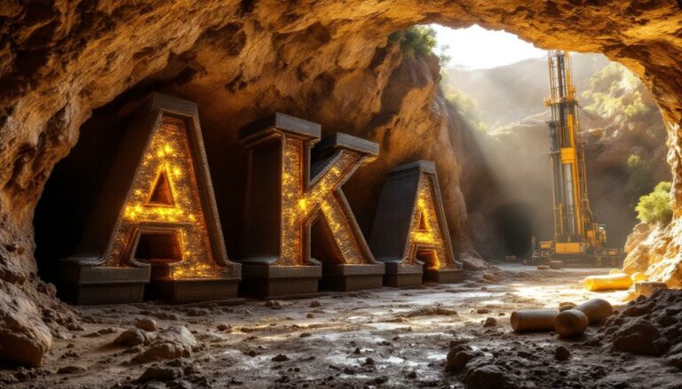 Aureka Ltd-AKA-AKA letters glowing in cave entrance.
