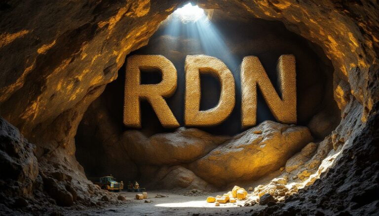 Raiden Resources Ltd-RDN-RDN letters illuminated inside rocky cave.