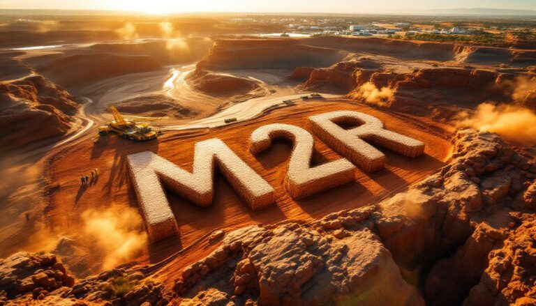 Miramar Resources Ltd-M2R-M2R logo sculpted in desert landscape.