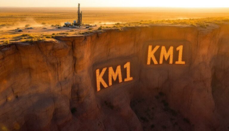 Kali Metals Ltd-KM1-Drilling rig near cliff with "KM1".
