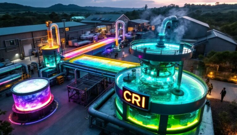 Critica Ltd-CRI-Colorful industrial facility with illuminated pipes.