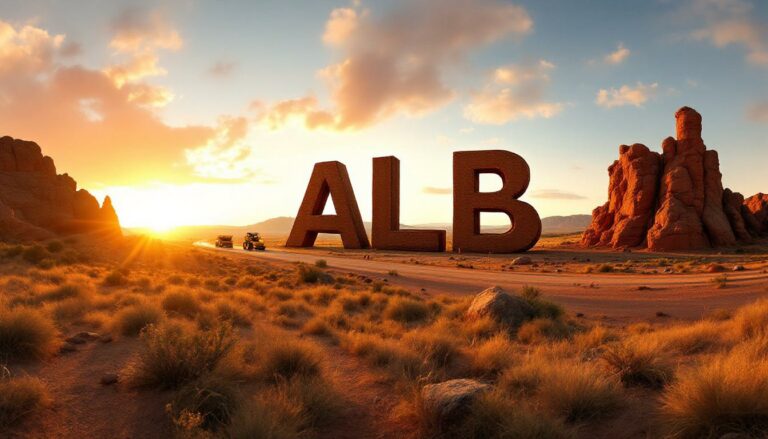 Albion Resources Ltd-ALB-ALB logo amidst desert landscape, sunset.