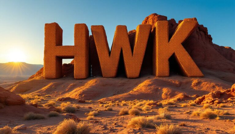 Hawk Resources Ltd-HWK-HWK letters in sunlit desert landscape.