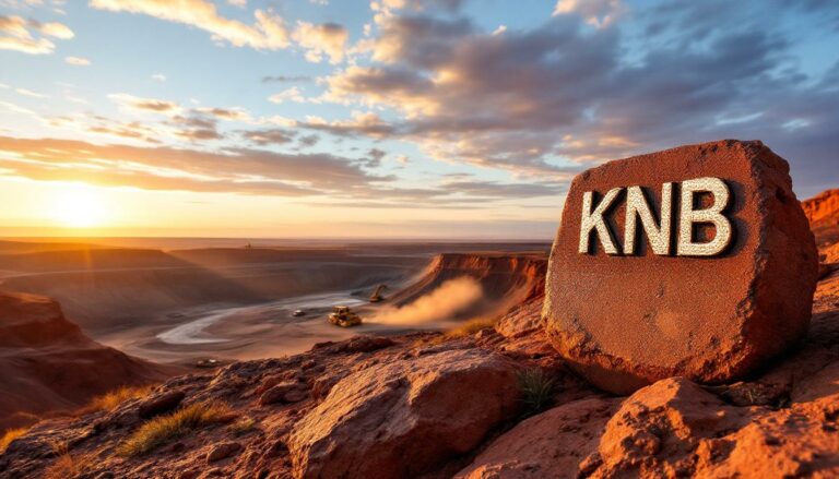 Koonenberry Gold Ltd-KNB-KNB engraved rock in desert landscape.