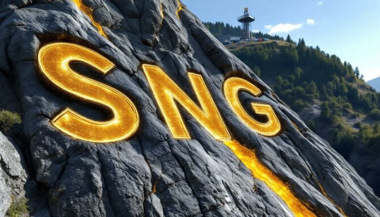 Siren Gold Ltd-SNG-SNG letters glowing on rocky mountain.