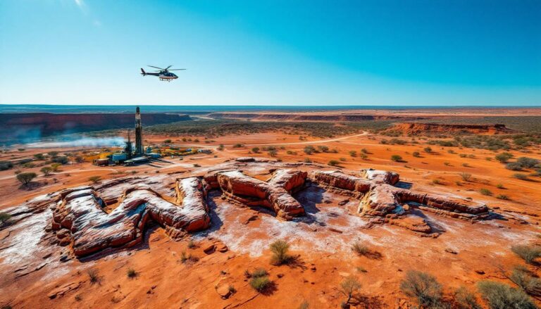 Western Yilgarn NL-WYX-Dinosaur photograph with helicopter and desert.