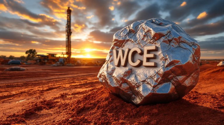 West Coast Silver Ltd-WCE-WCE logo on rocky terrain at sunset.