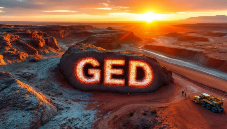 Golden Deeps Ltd-GED-GED glowing in desert sunset landscape.