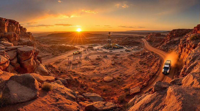 Albion Resources Ltd-ALB-Desert sunset with vehicles and machinery.