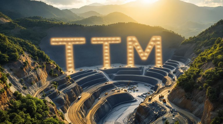 Titan Minerals Ltd-TTM-TTM letters illuminate scenic mountain backdrop.