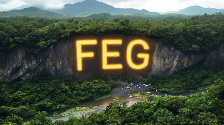 Far East Gold Ltd-FEG-"FEG glowing on lush mountain landscape."