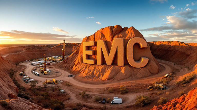 Everest Metals Corporation Ltd-EMC-Desert mining scene with giant EMC letters.