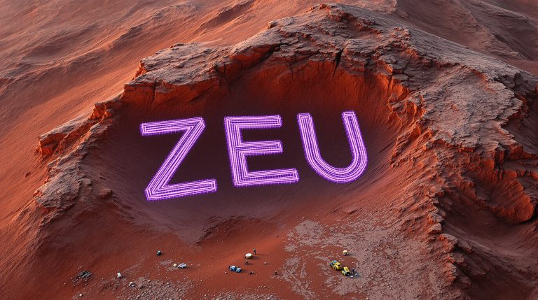 ZEUS Resources Ltd-ZEU-ZEU neon sign on red rocky landscape.