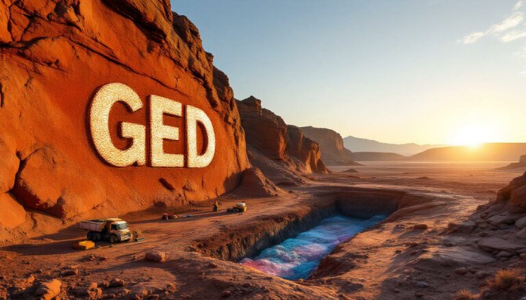 Golden Deeps Ltd-GED-GED letters carved into desert landscape.