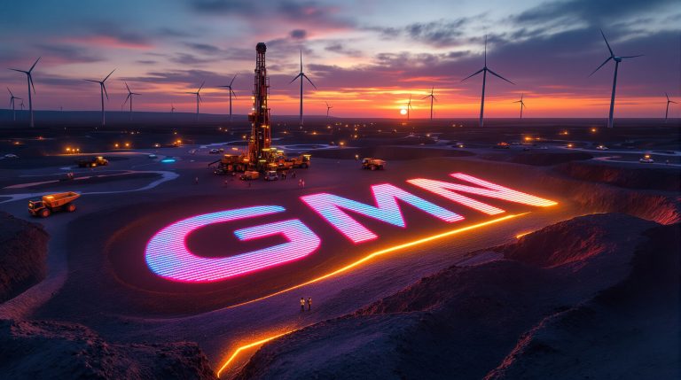 Gold Mountain Ltd-GMN-GMN logo illuminated at twilight landscape.