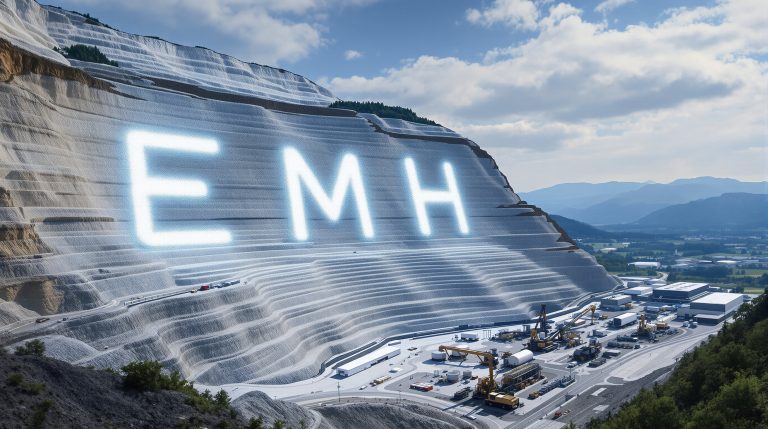 European Metals Holdings Ltd-EMH-EMH letters illuminating a layered quarry.