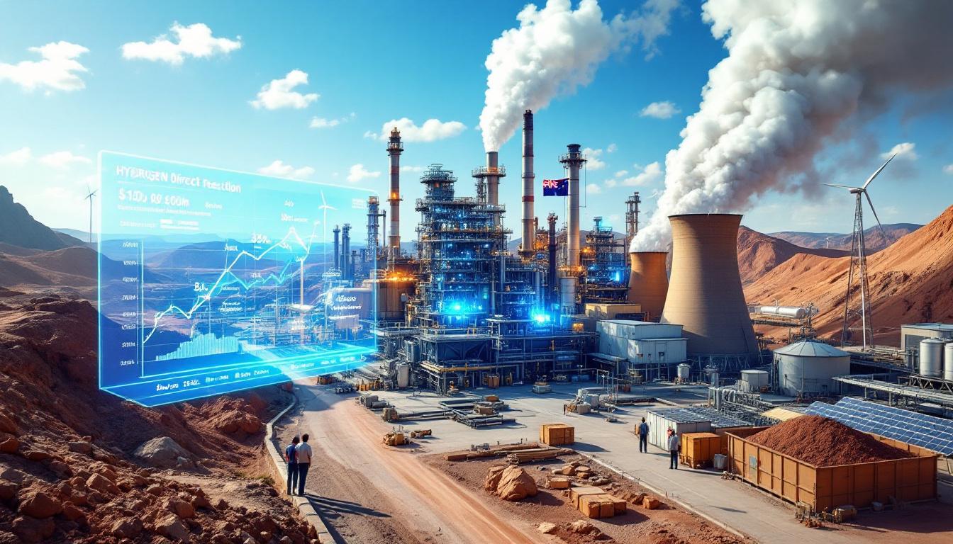 Futuristic steel plant with digital overlay.