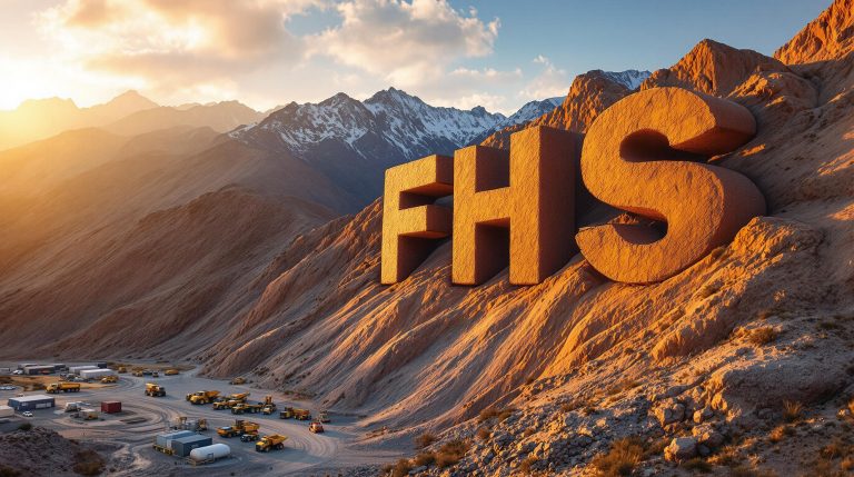 Freehill Mining Ltd-FHS-FHS lettering on mountain landscape at sunset.